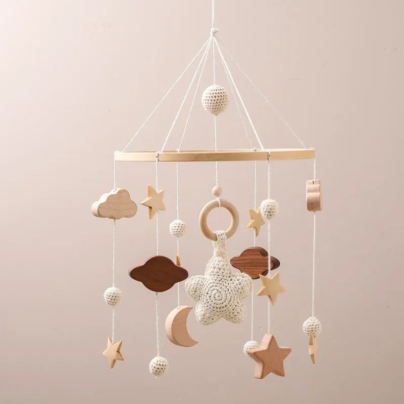 Baby Crib Mobile Bed Bell Rattle Toys Wooden Crochet Stars Pendant Bed Bell Toys Newborn Comfort Crib Bracket Hanging Toys Gifts