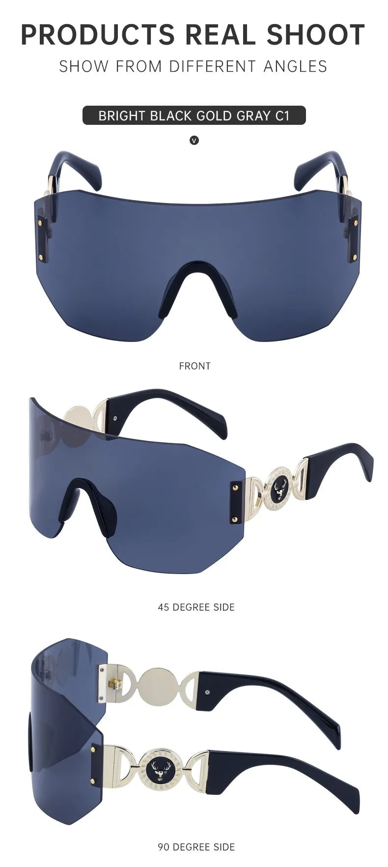 Oversized Shield Rimless Punk Sunglasses Women 2024 Luxury Brand Fashion Winged Sun Glasses For Ladies Shades Eyewear UV400
