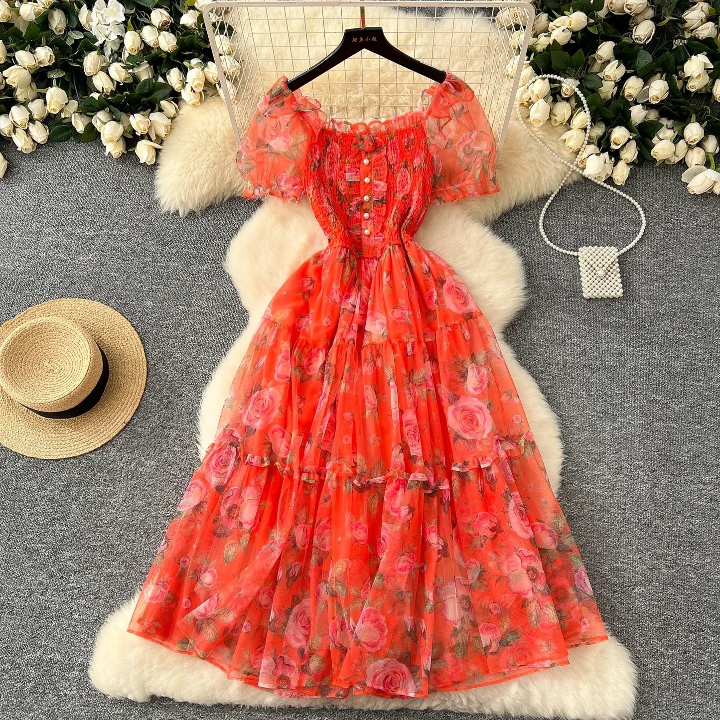 Elegant Slash Neck Vintage Short Puff Sleeve Chic Print Slim Chiffon Dresses French High Street Evening Autumn Mesh Clothing
