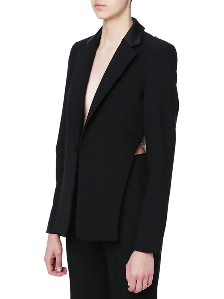 TWOTWINSTYLE Backless Spliced Button Blazers For Women Notched Collar Long Sleeve Patchwork Chain Chic Blazer Female Fashion New