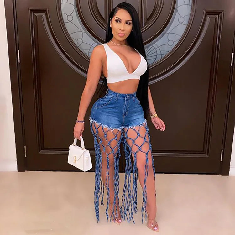 High Waist Denim Shorts Women Tassels Short Jeans Splice Button Pockets Strwwtear Shorts Hot Pant Solid Lady Summer Beach