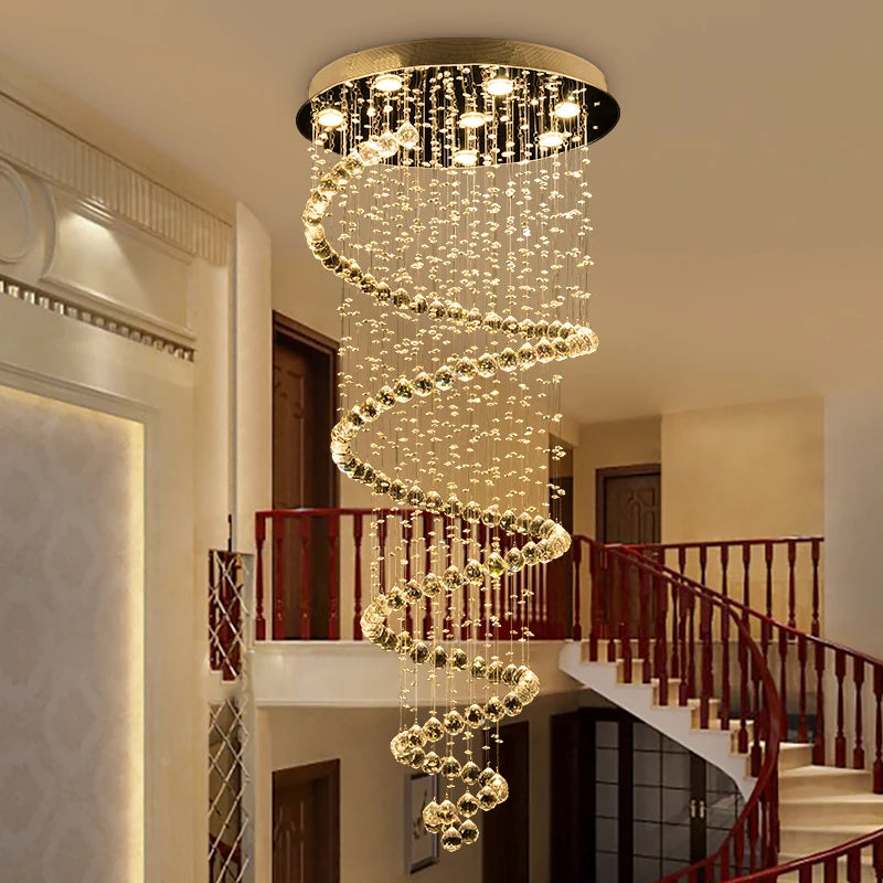Staircase Long Pendant Lamp, Villa Lamp, Crystal Hanging Line Lamp, Duplex Living Room Spiral Lamp, Glass Romantic Decorative La
