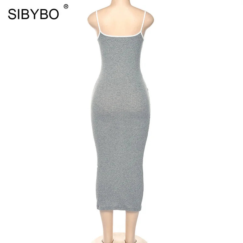 SIBYBO Ribbed Spaghetti Strap Cotton Dress Women Sleeveless O-Neck Summer Dress Solid Backless Long Party Dress