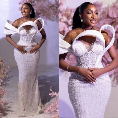 Customized Pearls Wedding Dresses Sequins Mermaid Bridal Gowns Beading Customized Slim Princess Sweep Train Bride Dress Vestidos