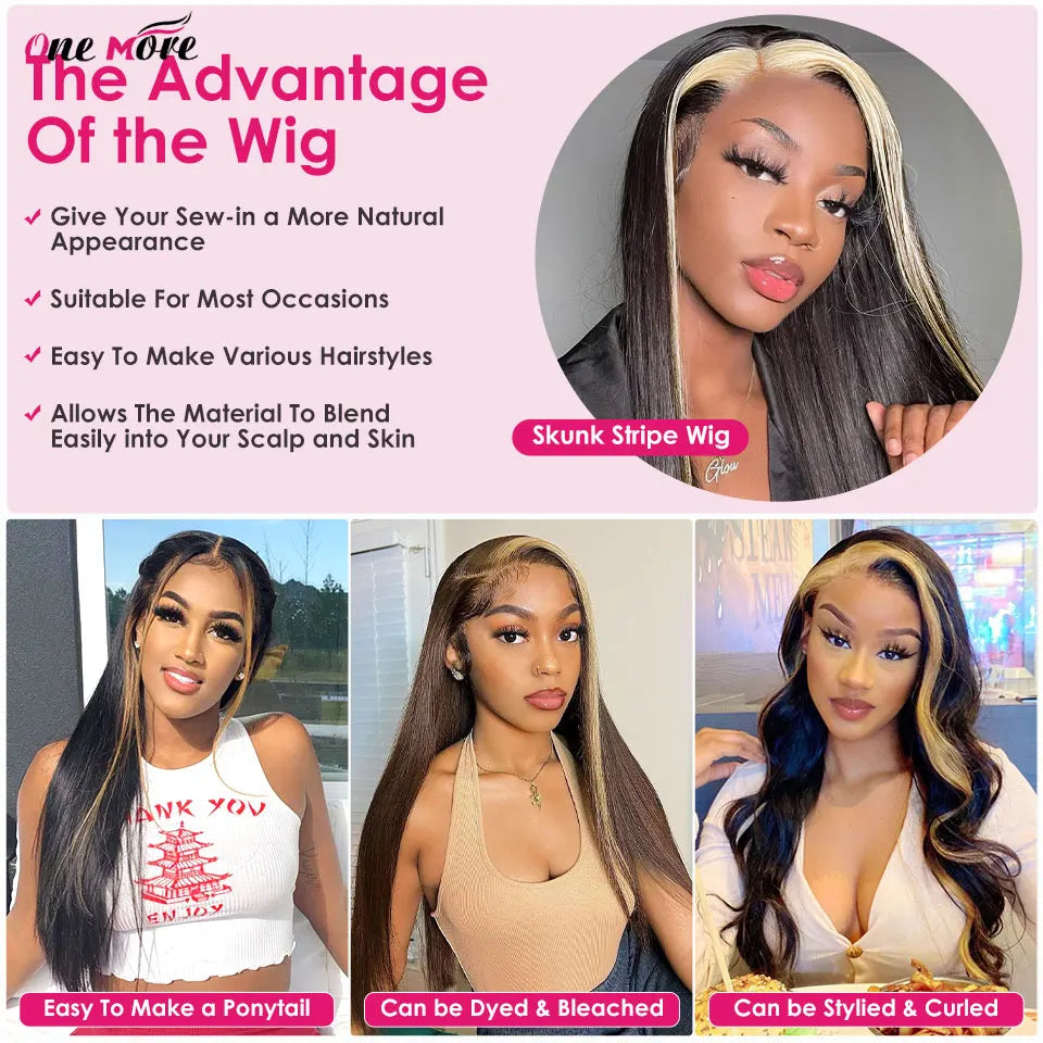 Skunk Stripe Human Hair Wig 1B/613 Highlight Blonde Straight Lace Front Wig 13x4 Colored Lace Front Human Hair Wigs 250 Density