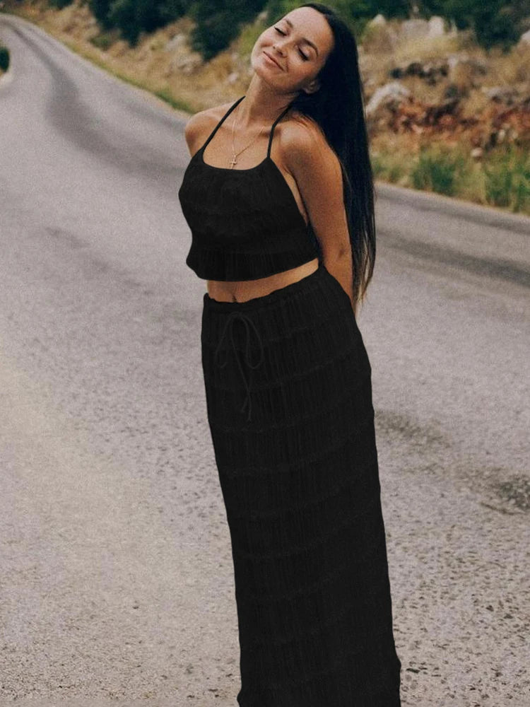 Weird Puss Mesh Backless 2 Piece Set Women Halter Lace-Up See Through Crop Tops+Loose Elegant Long Skirts Vacation Trend Outfits