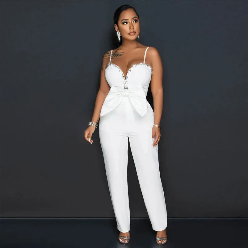 Spaghetti Strap Deep V Neck Sexy Women Straight Jumpsuits Rompers 2023 Rhinestone Big Bowknot Party Jumpsuit Birthday Outfits