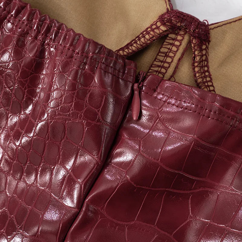 Luxury Leather Strapless Short Dress Womens Sleeveless Backless Sexy Crocodile Skin Pattern Party Dresses 2025 Evening Red Brown