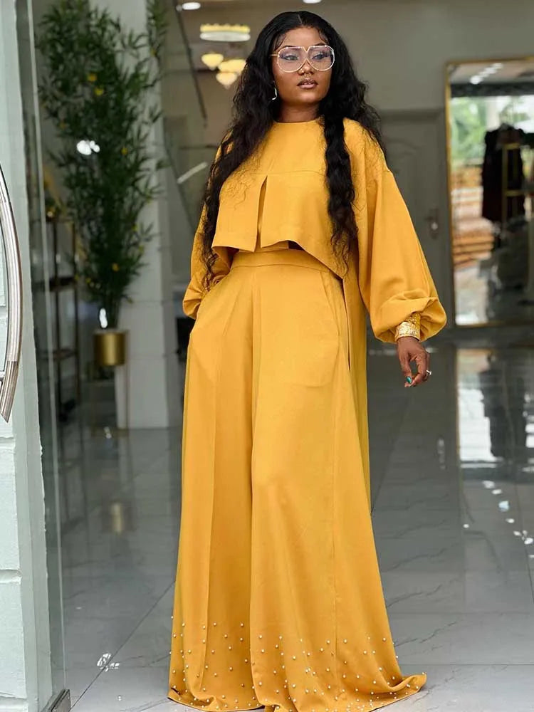 Spring Clothes for Women 2 Piece Sets Women Outfit Lantern Sleeves Suit with Wide Pants and Top High Street Ladies Elegant Sets