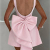 Elegant Pearl Bow Backless Short Dress Women's Sleeveless Party Cute Mini Dresses Black White Pink Chic Birthday Evening Y2K New