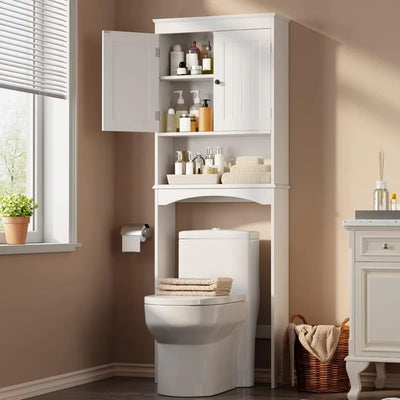 The Toilet Storage Cabinet with Adjustable Shelf and Double Doors Bathroom Space Saver Organizer Above Toilet with Open Shelf