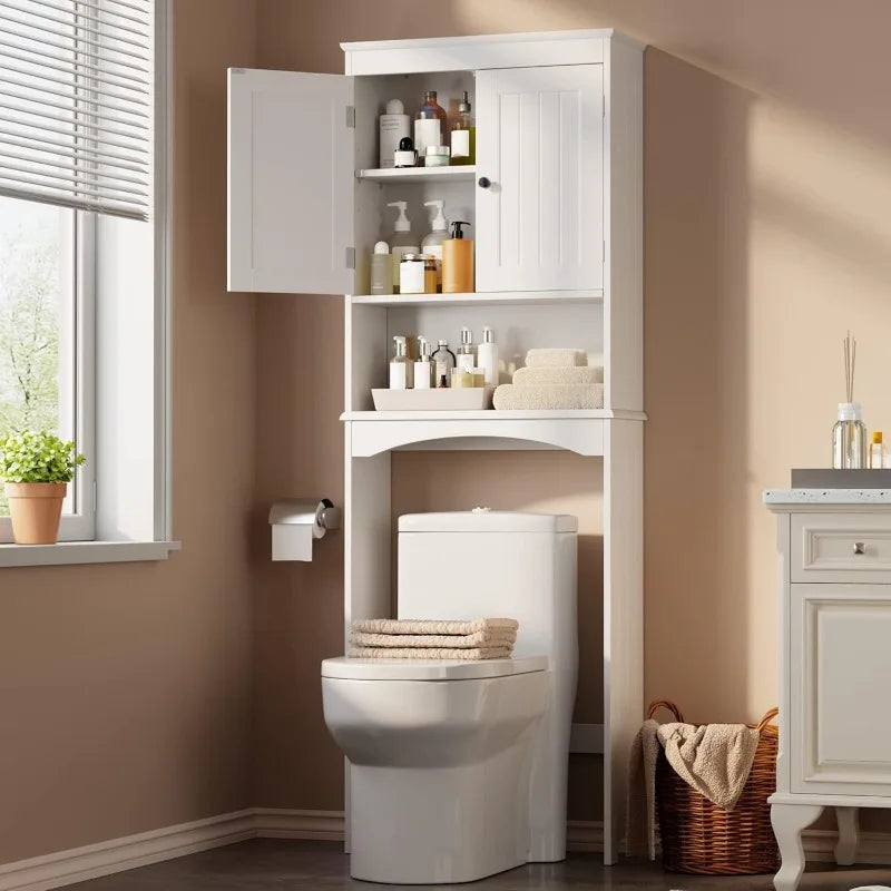 Der Toilettenschrank mit verstellbarem Regal und Doppeltüren, Badezimmer-Platzsparer-Organizer über der Toilette mit offenem Regal
