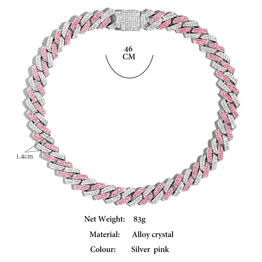 Hip Hop Bling Pink Crystal Cursive Initial Letter Cuban Necklace for Women Iced Out Paved Cuban Chain Necklace Choker Jewelry