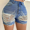 Denim Shorts Women Summer New High-waisted and Thin Handmade Bead Chain Ripped Hot Pants for Women