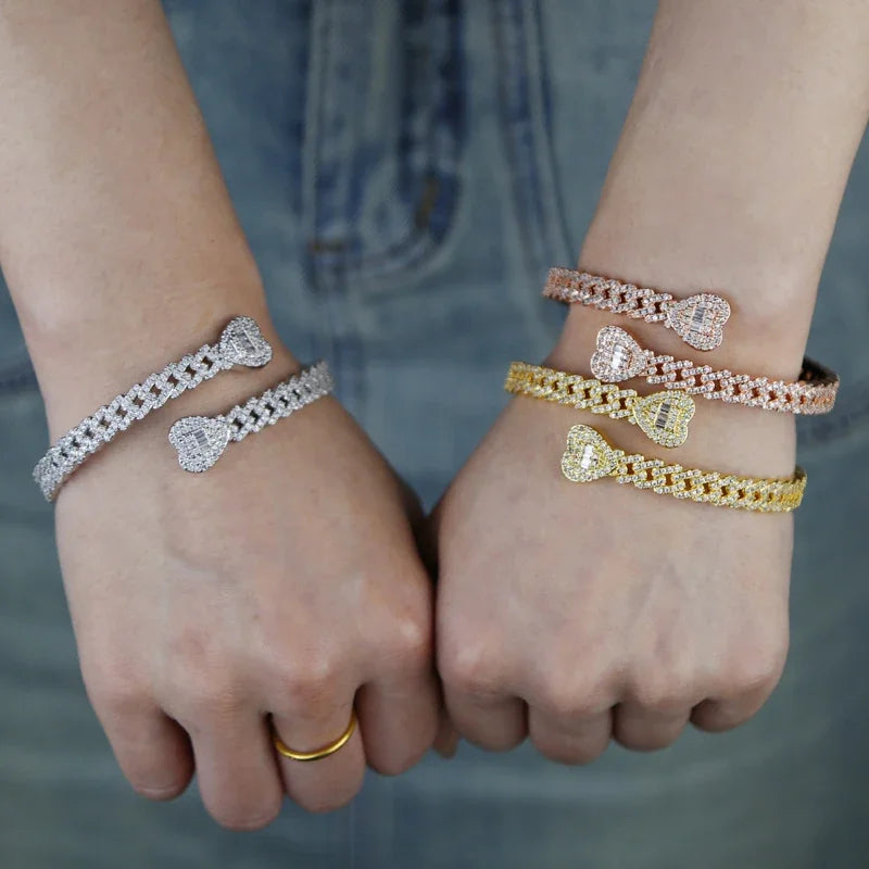 Iced Out Cuff Bangle Paved Setting Bling Cz Cubic Zirconia Wrist Cuban Chain Link Bracelets Fashion Hip Hop Jewelry for Women