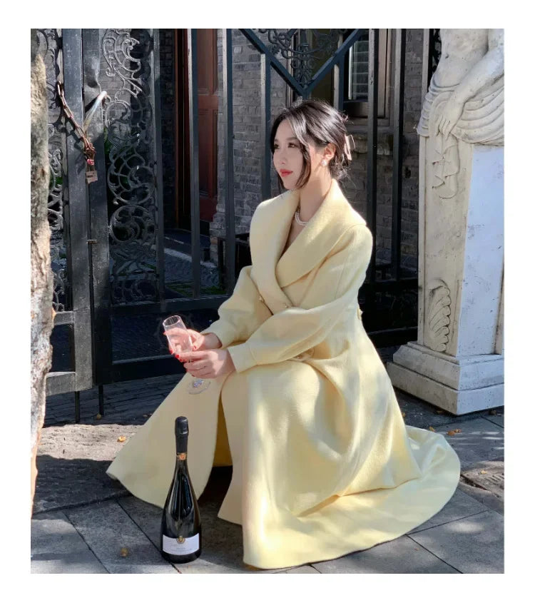 Plus Size 2024 Autumn/Winter New Style French Vintage Tweed Large Lapel Woolen Overcoat Long Sleeve Double Row Button Overcoat