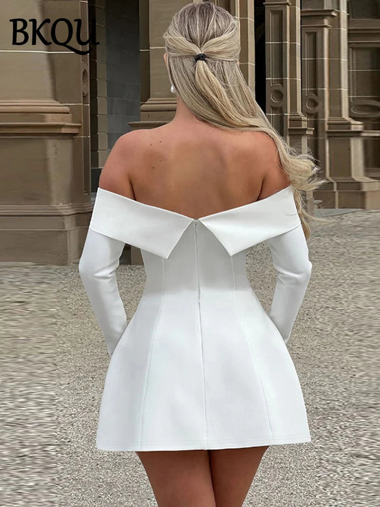 BKQU Elegant Off Shoulder Long Sleeve Mini Dress Women Sexy Strapless Backless Slim A-Line Short Dress Lady Chic Party Vestidos