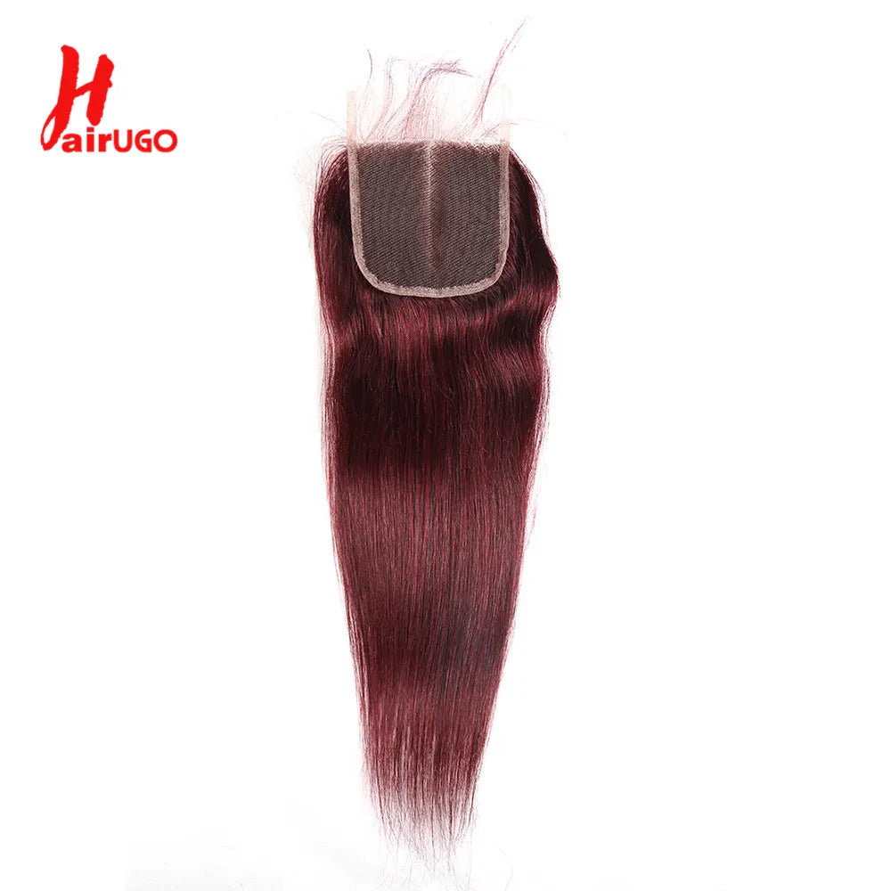 HairUGo Brazilian 99J 4x4 Straight Hair Closure 4*4 Lace Closure 10''-20'' 100% Human Hair Lace Closure With Baby Hair Remy Hair