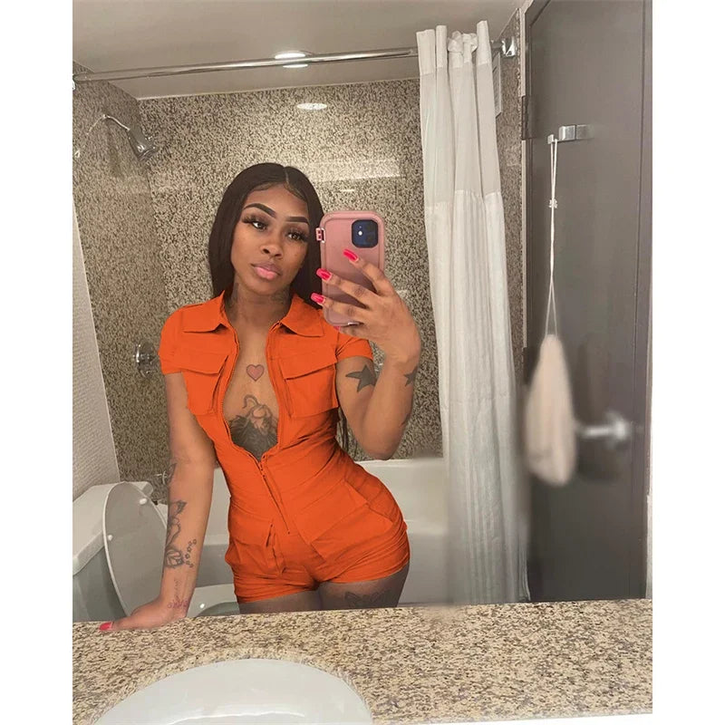 Streetwear Zipper Pockets Shorts Jumpsuit Women Clothing Short Sleeve Skinny Cargo Playsuit Summer Casual One Pieces Romper