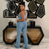 Flare Denim Pants Full Length Women Jeans One Piece Overalls Spliced Solid Jumpsuits Loose Pockets High Waist Basics Washed