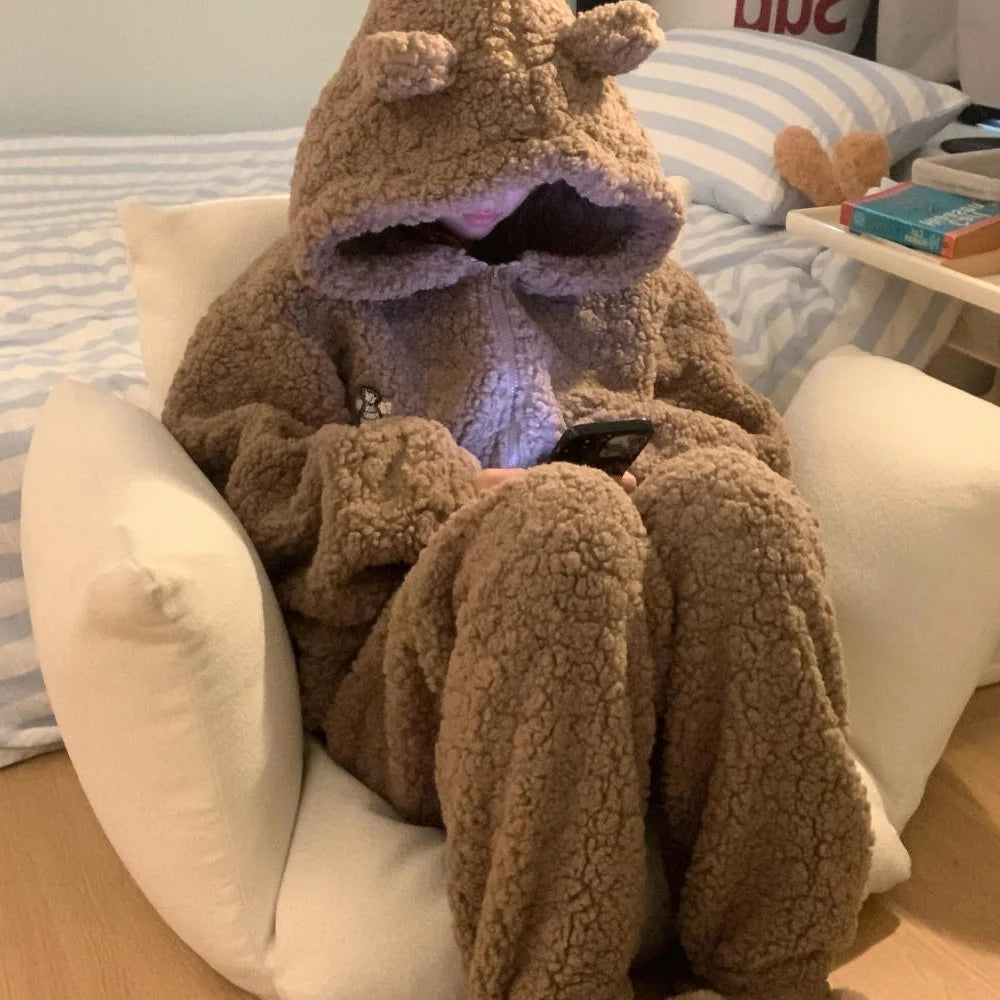 Brown Furry Pajama Sets Fluffy Teddy Bear Hooded Zipper Sleepwear Women Plush Warm Thick Christmas Homewear Y2K Kawaii Nightwear