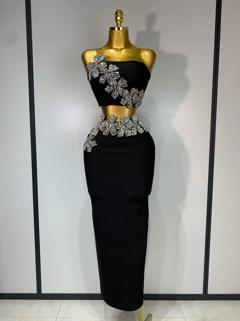Women Sexy Strapless Flower Diamonds Black Maxi Long Bandage Two Piece Set 2025 Knitted Elegant Evening Club Party Prom Gowns