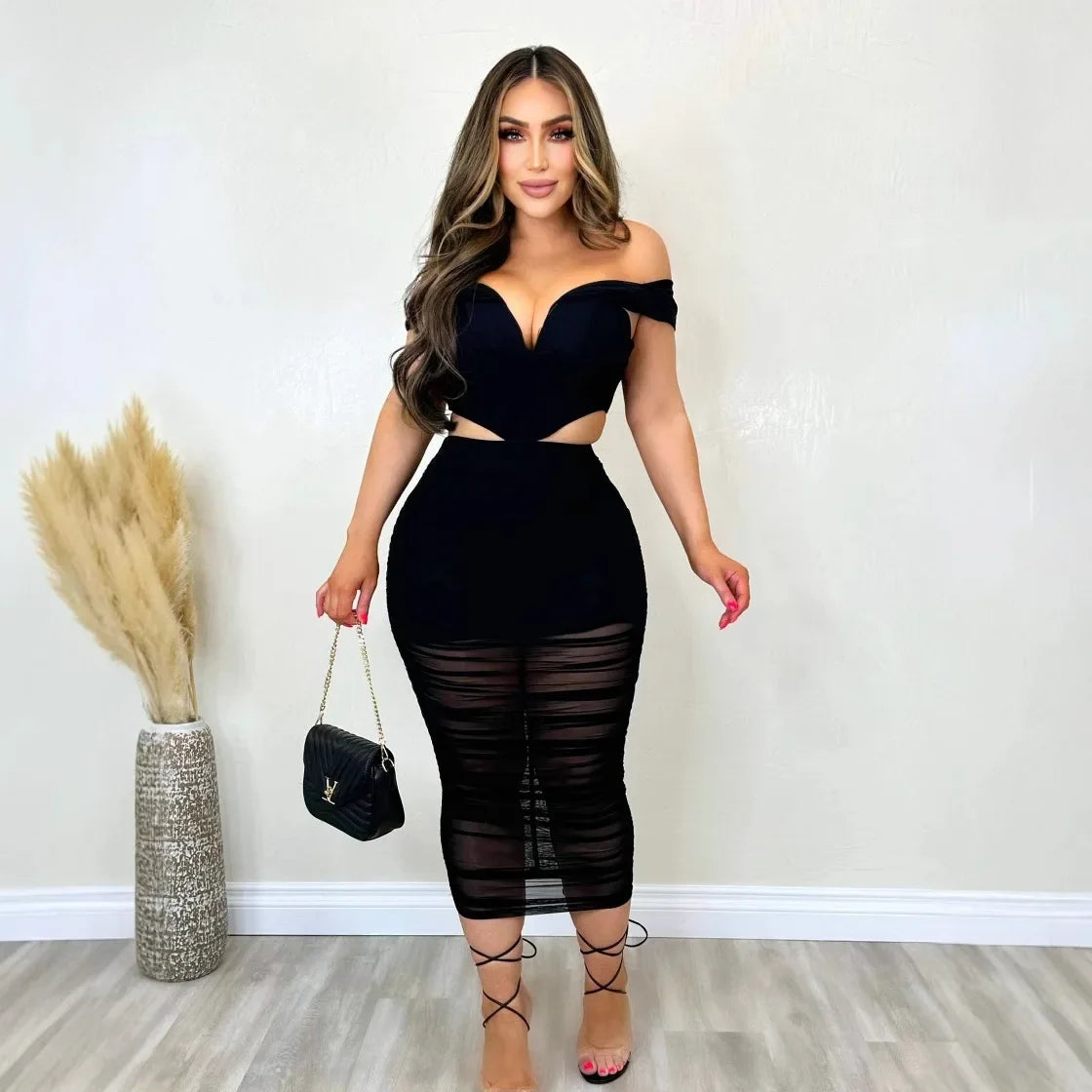 S10632 Sexy Slimming Mesh Splice Bum Covering Visibility Elastic Off-Shoulder 2-Piece Set European And American Style