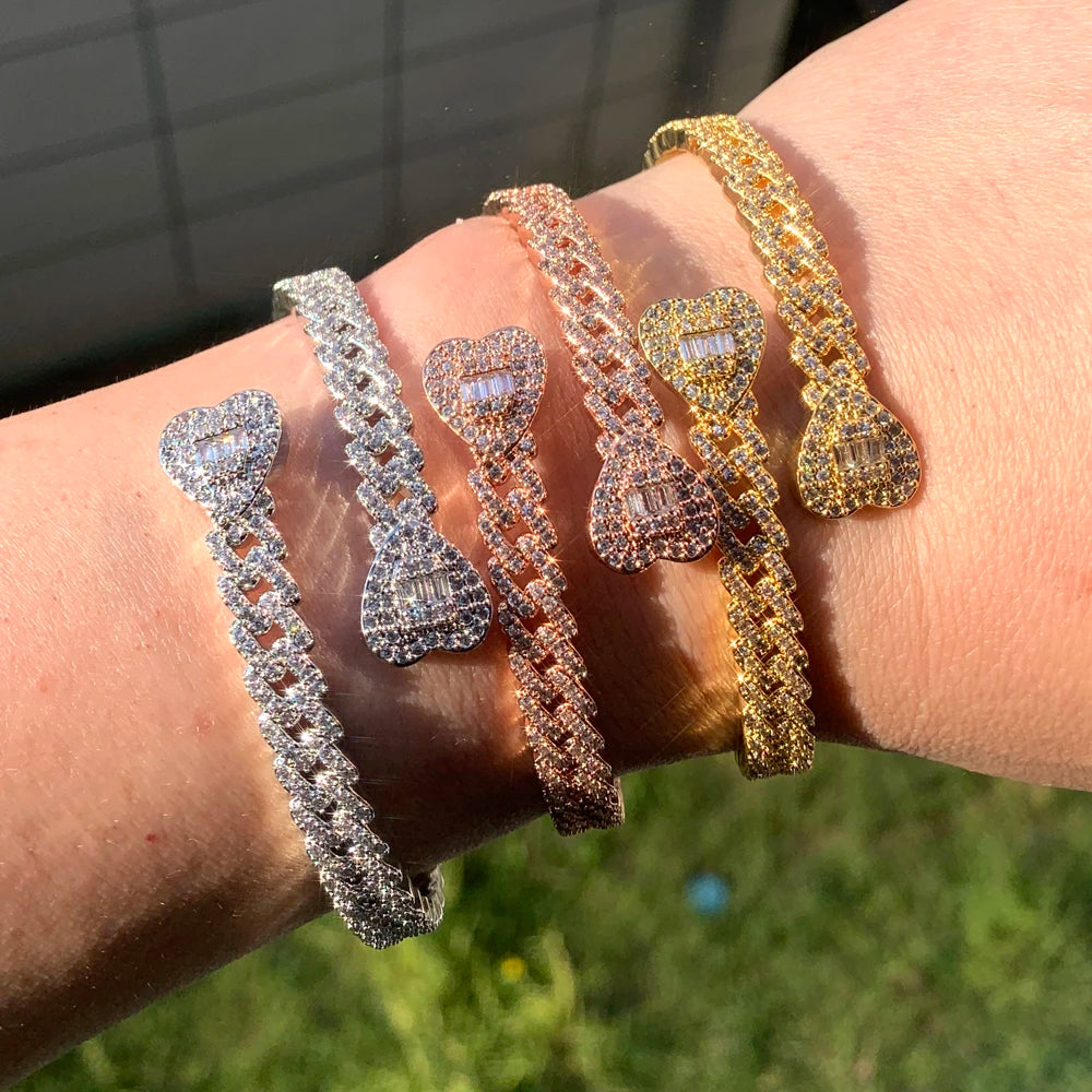 Iced Out Cuff Bangle Paved Setting Bling Cz Cubic Zirconia Wrist Cuban Chain Link Bracelets Fashion Hip Hop Jewelry for Women