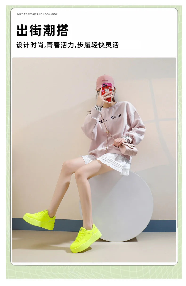 2025 New spring shoes for women green trainers platform lace up sneakers woman hip hop chunky sports shoes faux leather sneaker