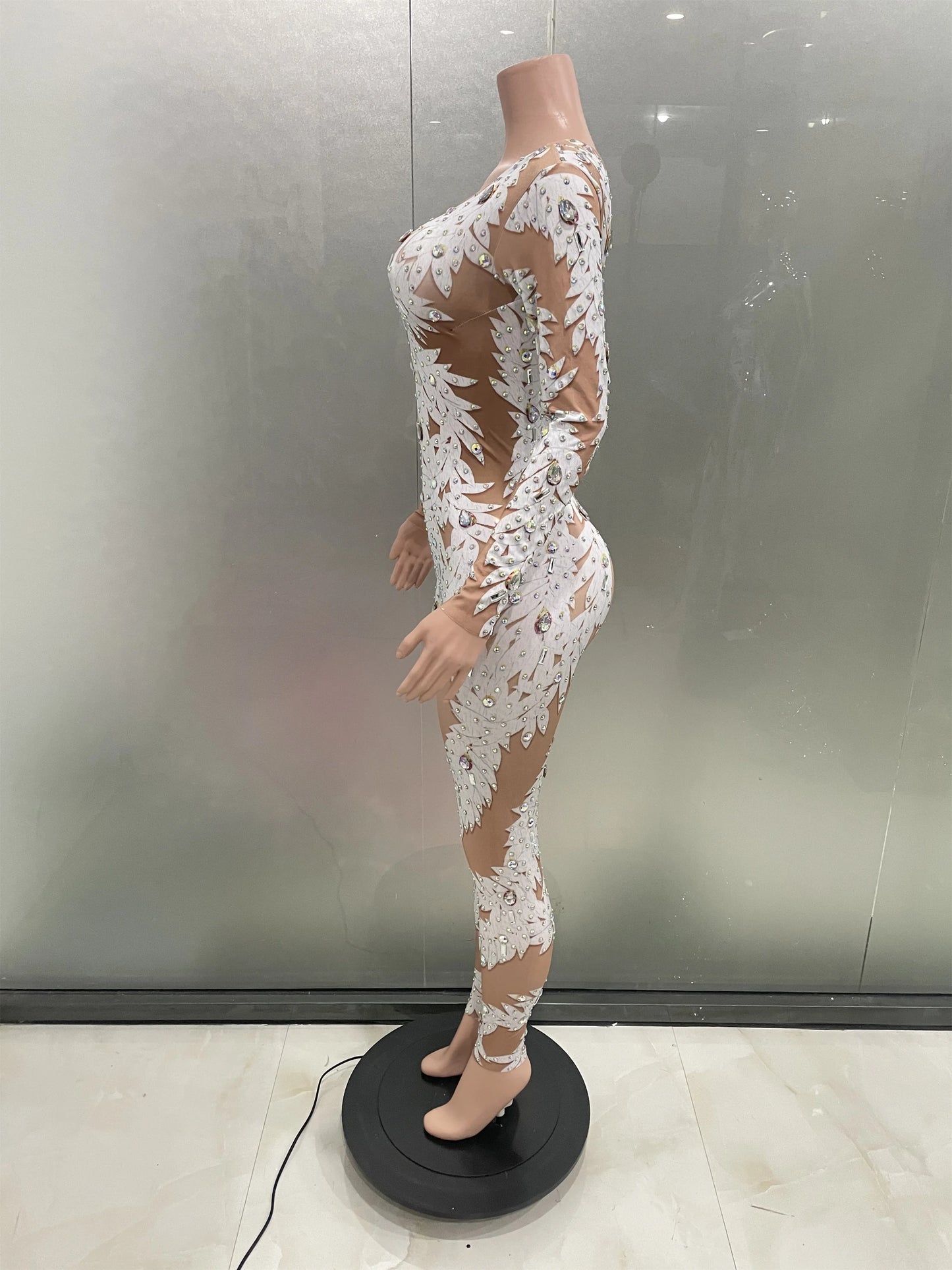Sexy Crystal High Stretch Bodycon Long sleeve Jumpsuit Women Celebrate Nightclub Party club Performance Costume Stage Wear