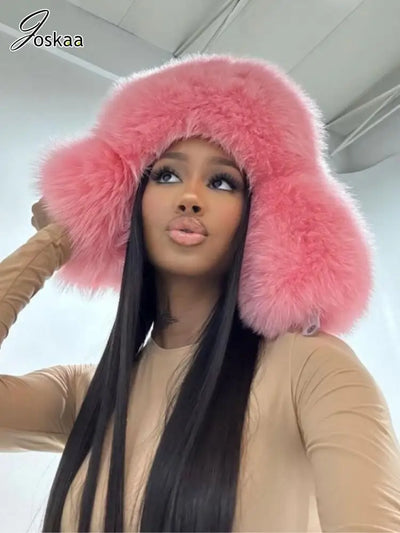 Joskaa 2025 Winter Plush Solid Color Warm Earflap Hat Fashion Faux Fox Fur Bomber Hats Vintage All-Match Ski Cap