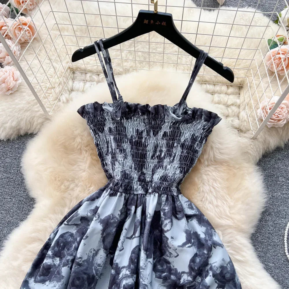 2024 New Summer Korean Fashion Rose Flower Print Romantic Retro Party Dress Elastic High Waist Vacation Long Dress Beach Vestido