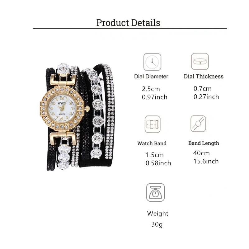 Fashion Rhinestone Blingbling Leather Wrap Quartz women watch