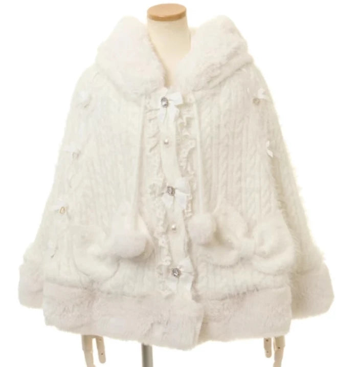Japanese Liz Sweet Princess Faux Rabbit Fur Cape Coat Women Autumn Winter Fur Jacket Loose Clock Rhinestone Bow Hooded Coat