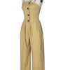 Beyprern New Chic Button Details Palazzo Jumpsuit One Piece Outfits Womens Ruched Strapless Wide Legs Jumpsuits Romper Clubwear