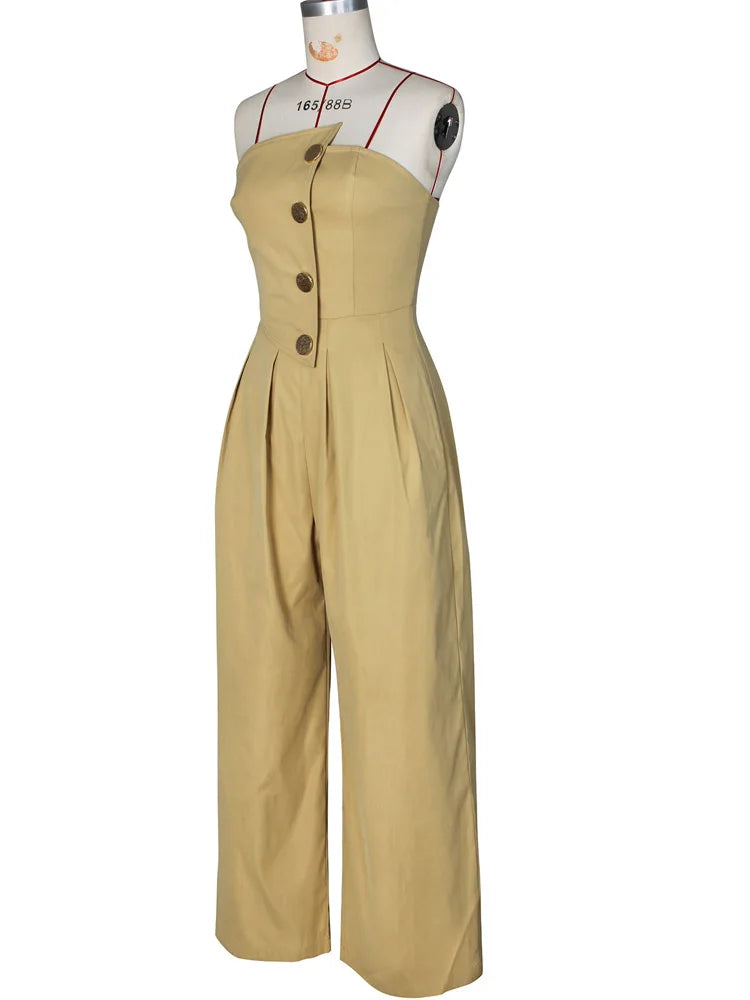 Beyprern New Chic Button Details Palazzo Jumpsuit One Piece Outfits Womens Ruched Strapless Wide Legs Jumpsuits Romper Clubwear
