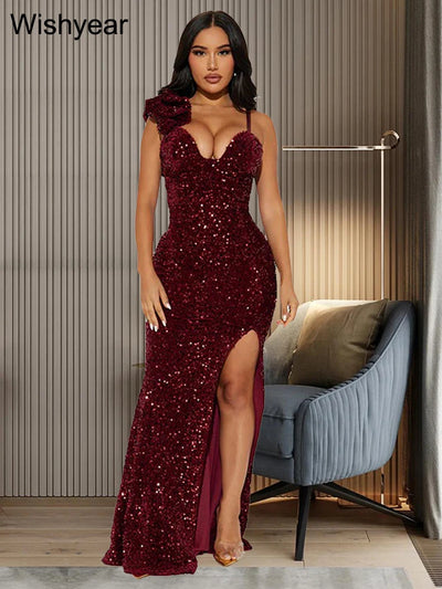 New Sexy Slit Leg Padded Long Cocktail Prom Dress Women‘s Luxury Sequin Strap Evening Party Wedding Gown Birthday Night Vestidos