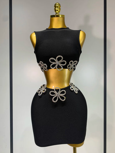 Women Celebrity Sexy Crytal Flower Black Mini Bandage Skirt Suit 2025 Knitted Elegant Evening Club Birthday Party Two Pieces Set