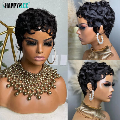 Curly Pixie Cut Wigs Short Human Hair Wig for Black Women Natural Black Wave Bob Glueless Wig Remy Hair Full Machine Made Wig