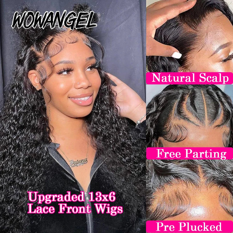 Wow Angel 13x6 HD Lace Frontal Wigs Water Wave Wigs Pre Plucked Human Hair Wigs Melt Skins Curly Brazilian Hair For Women