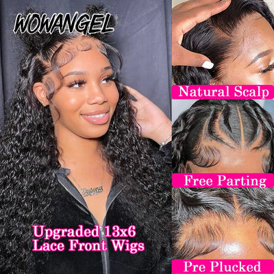 Wow Angel 13x6 HD Lace Frontal Wigs Water Wave Wigs Pre Plucked Human Hair Wigs Melt Skins Curly Brazilian Hair For Women