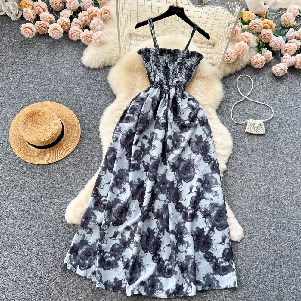 2024 New Summer Korean Fashion Rose Flower Print Romantic Retro Party Dress Elastic High Waist Vacation Long Dress Beach Vestido