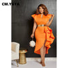 CM.YAYA Women Flare Short Sleeve High Side Split Ruffles Bodycon Midi Dress 2023 Autumn Vestidos Sexy Party Birthday Dresses