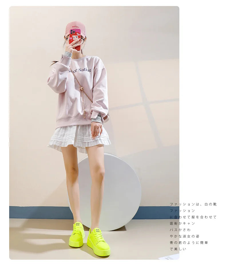 2025 New spring shoes for women green trainers platform lace up sneakers woman hip hop chunky sports shoes faux leather sneaker