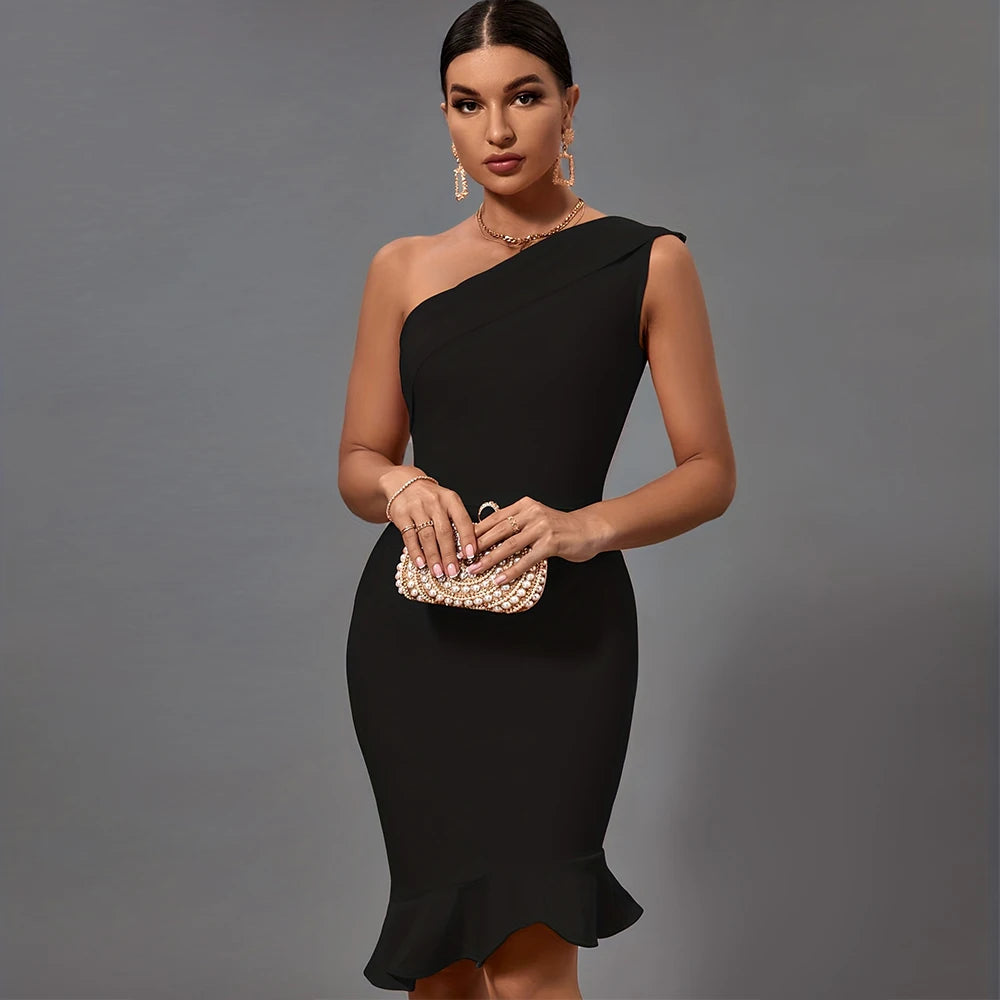 Mermaid Midi Bandage Dress Women Black Bodycon Dress Evening Party Elegant Sexy One Shoulder Birthday Club Outfit 2023 Summer
