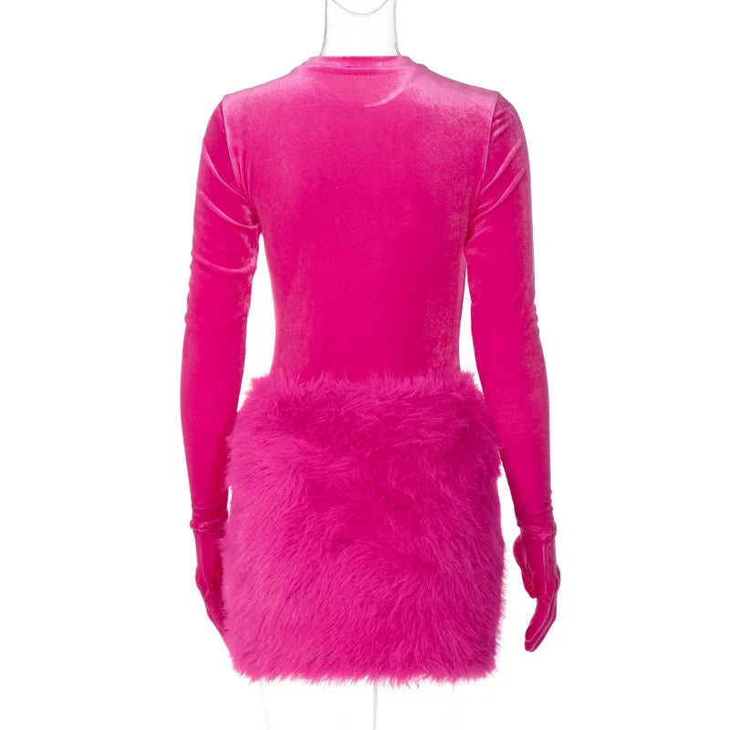 Fur Velvet Street Party Dress Women Fashion Sexy Club Outfit 2023 Autumn Female Luxury Clothing Winter Elegant Evening Dress