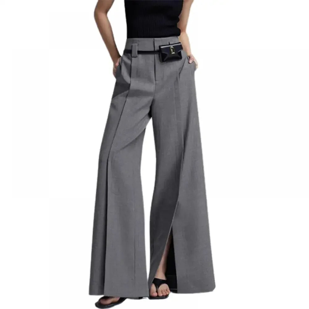Yeezzi Urban Female Suit Pants 2025 New Fashion Black White Color Loose Straight Pant High-Waisted Pleated Split-Front Trousers