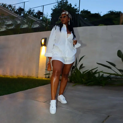 Women Summer 2 Pieces Outfits Solid Color  Short Sleeve High Waist Wrap Crops Tops and High Waist Shorts Set