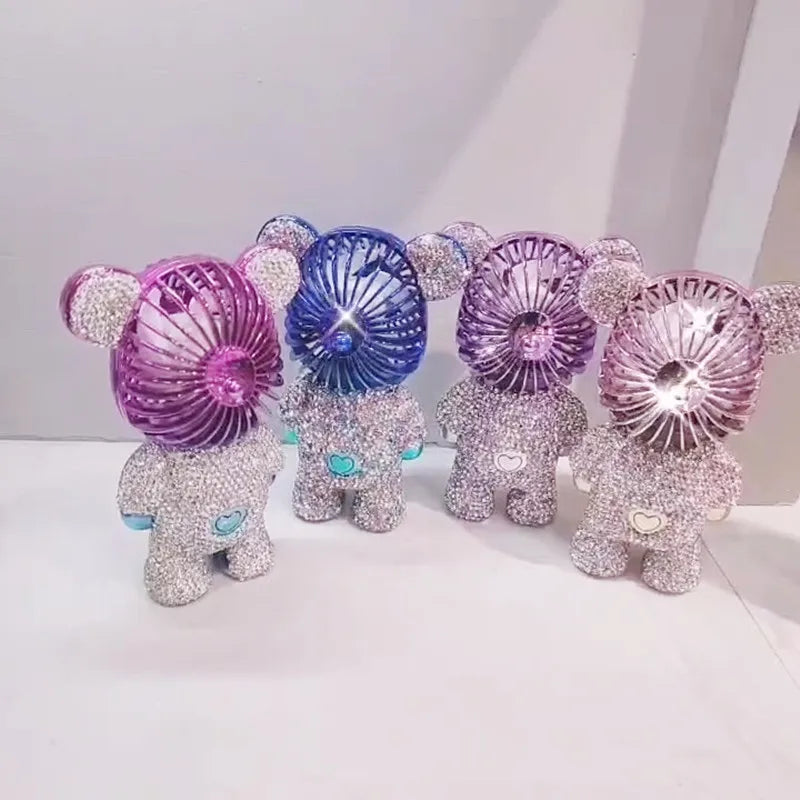 Handheld Fan with Rhinestones Three-Speed Cute Cartoon Bear USB Desktop Portable Convenient Home Office Outdoors Gift