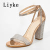 Liyke Sexy Crystal Ankle Strap Sandals Women Elegant Party Wedding Rhinestone High Heels Summer Open Toe Ladies Dress Shoes Gold